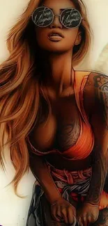 Stylish woman with tattoos and sunglasses in a vibrant art wallpaper.