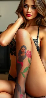 Stylish woman with tattoo leg in artistic wallpaper.