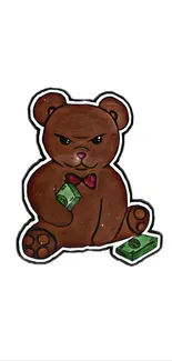 Brown teddy bear holding cash with a stylish expression on white background.