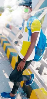 Teen with backpack and sunglasses on bridge.