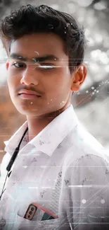 Young man with smartphone in white shirt, outdoors.