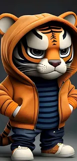 Cartoon tiger in orange hoodie striking a pose.