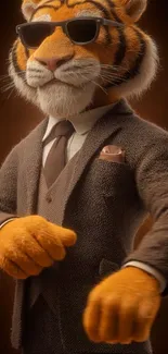 Tiger wearing a suit with sunglasses, stylish pose.