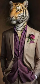 A stylish tiger in a suit with a rose boutonnière on a brown background.