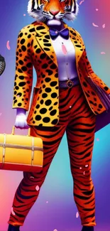 Tiger in a vibrant suit holding a suitcase against a colorful background.