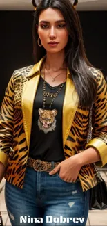 Woman in tiger-print jacket in stylish shop.