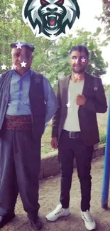 Two men in traditional attire stand outdoors under a canopy.