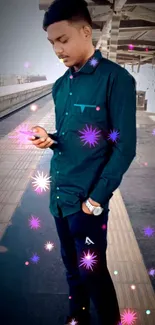 Young man in blue shirt at train station.