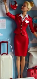 Doll in red outfit with luggage, travel theme.