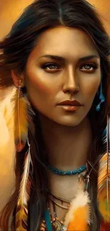 Stylishly artistic portrait with tribal elements in amber tones.