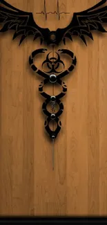 Tribal design with biohazard symbol on wood.