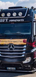 Mercedes truck on a sunny highway, stylish and glossy.