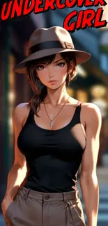 Anime girl with hat in urban setting, mysterious style.