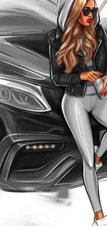 Artistic depiction of a stylish woman by a sleek car.