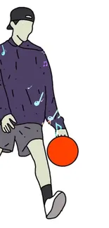 Illustrated character holding a basketball with musical motifs.