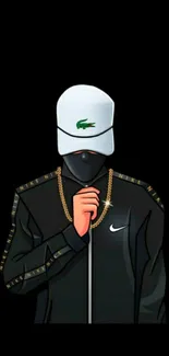 Avatar wallpaper with black jacket and white cap on black background.