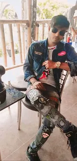 Young man in a denim jacket with trendy style sitting in a cafe.