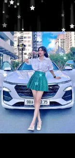 Woman posing with a stylish white car in an urban setting, featuring city buildings.