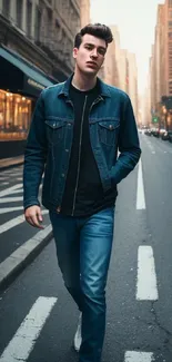 Stylish young man walking in urban city street.