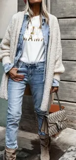 Woman in denim, knit cardigan, and boots with a stylish urban look.