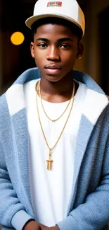 Stylish young man in blue jacket and gold accessories in urban setting.