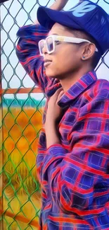 Person in vibrant plaid shirt and cap, leaning on fence.