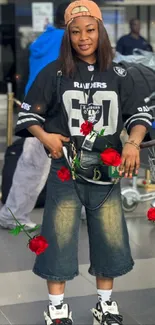 Person in Raiders jersey with roses at airport.