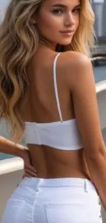 Model in white outfit, city background.