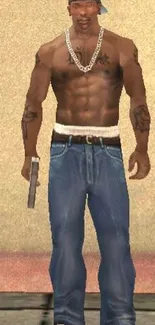 Tattooed muscular game character in jeans with a chain necklace.