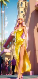 An animated character in a yellow dress with a cityscape backdrop and palm trees.