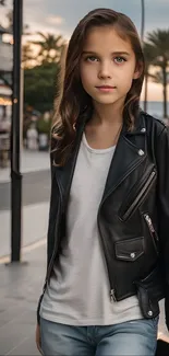 Young person in leather jacket with urban backdrop for mobile wallpaper.