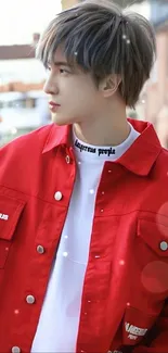 Young person in a red jacket, urban background, stylish mobile wallpaper.