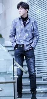 Stylish urban male in blue-gray outfit on staircase.