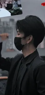 Masked person in black outfit with city backdrop.