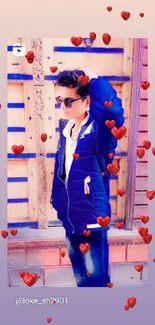 Stylish person posing with a navy jacket in front of a colorful wooden wall.