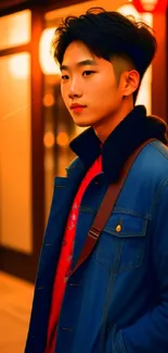 Stylish young individual in urban night setting with vibrant colors.