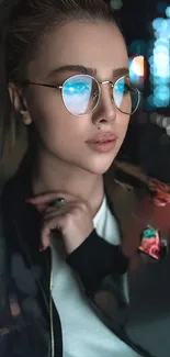 Stylish woman with glasses at night, reflecting city lights.