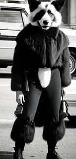 Stylish individual in a panda costume on an urban street with a car in the background.