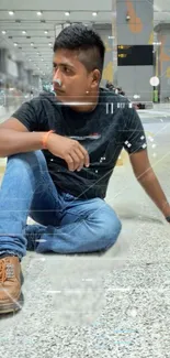 Modern urban portrait of seated young man on polished floor.