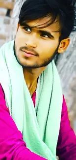 Young man in a pink shirt with a pastel green scarf in an urban setting.