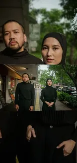 Urban portrait of a stylish duo in black attire on a city street.