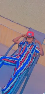 Young person in colorful outfit relaxing on a chair with a hat.