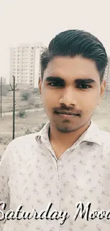 A young man showcasing a Saturday mood with buildings in the background.