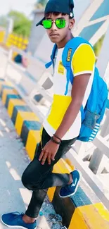 Stylish young man with colorful fashion on a city street.