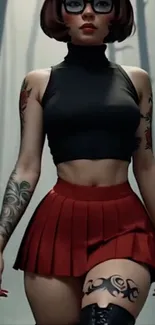 Stylish character with tattoos and glasses in a chic urban outfit.