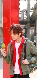 Person in urban street setting with red jacket and vibrant backdrop.