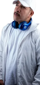 Urban streetwear with blue headphones wallpaper.