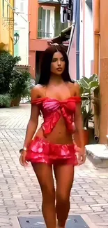Woman in vibrant summer outfit in urban alley.