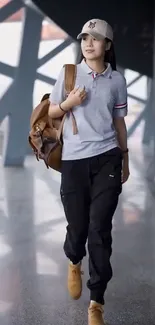 Person wearing casual attire walking indoors with a backpack.