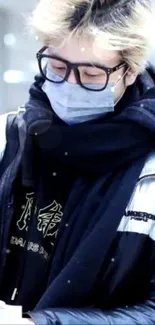 Person in winter fashion with black jacket and mask.